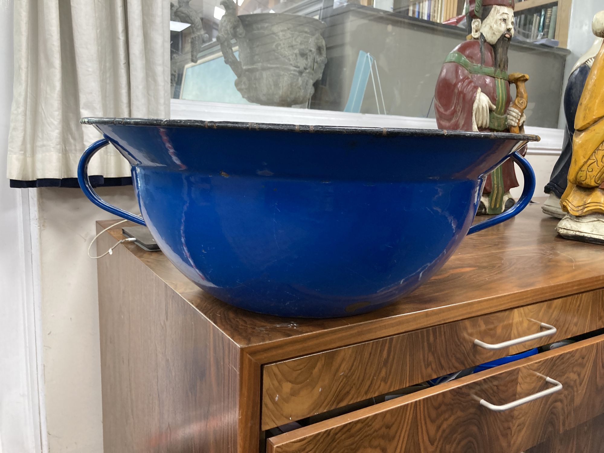 A pair of French enamel two-handled pans, 57cm diameter, 22cm high